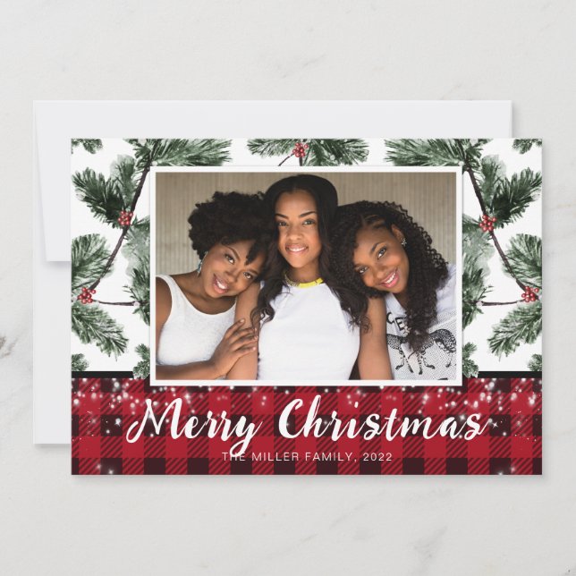 Festividades Cartão com fotos de Natal moderno de xadrez de búf (Frente)