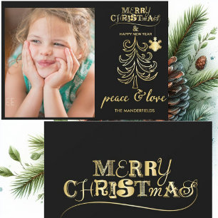Festividades Cartão com fotos de Natal Preto e Dourado