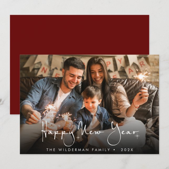 Festividades Cartão com fotos de script de caligrafia feliz ano (Frente/Verso)