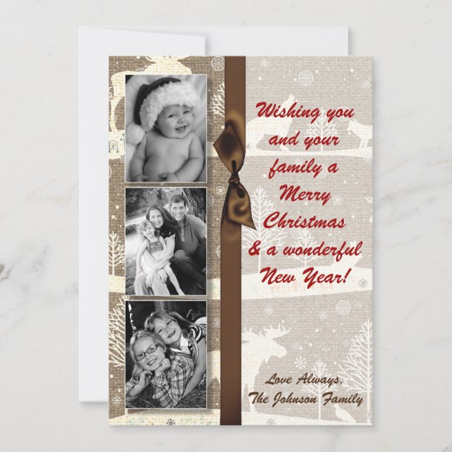 Festividades cartão com fotos XMAS Burlap de Natal 5 x 7 (Frente)