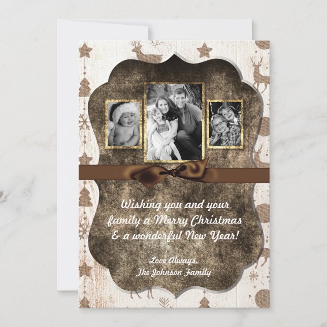 Festividades cartão com fotos XMAS Burlap de Natal 5 x 7 (Frente)