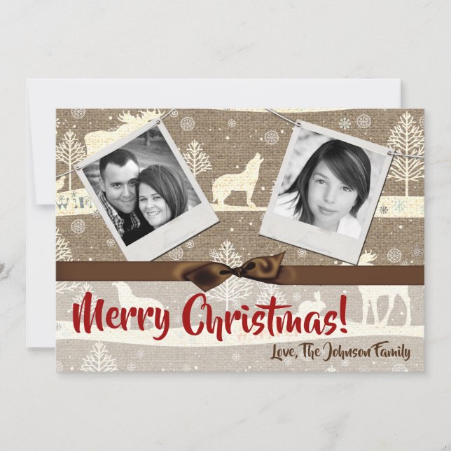 Festividades cartão com fotos XMAS Burlap de Natal 5 x 7 (Frente)