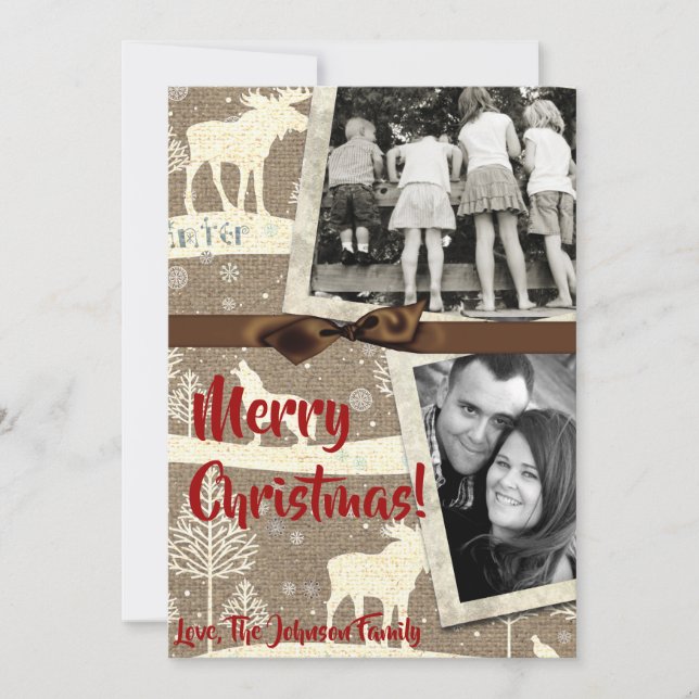 Festividades cartão com fotos XMAS Burlap de Natal 5 x 7 (Frente)