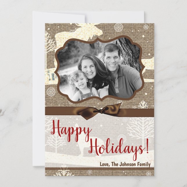 Festividades cartão com fotos XMAS Burlap de Natal 5 x 7 (Frente)