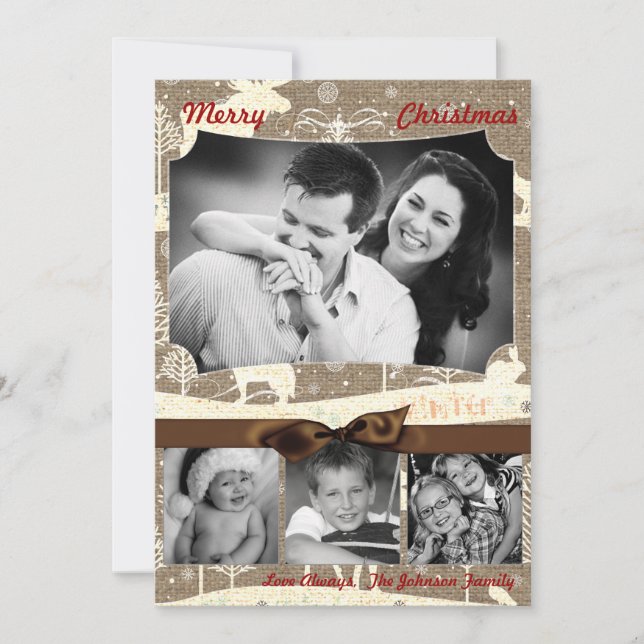 Festividades cartão com fotos XMAS Burlap de Natal 5 x 7 (Frente)