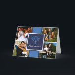 Festividades Cartão da bandeira de Hanukkah Menorah<br><div class="desc">Cartão da bandeira de Hanukkah Menorah. Uma bandeira azul rica com um centro do menorah de Hanukkah adiciona o estilo a seu cartão de cartões de natal. Apenas selecione quatro fotos pessoais para espalhar o elogio do feriado e o poço deseja a todos em sua lista.</div>