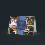 Festividades Cartão da bandeira de Hanukkah Menorah<br><div class="desc">Cartão da bandeira de Hanukkah Menorah. Uma bandeira azul rica com um centro do menorah de Hanukkah adiciona o estilo a seu cartão de cartões de natal. Apenas selecione quatro fotos pessoais para espalhar o elogio do feriado e o poço deseja a todos em sua lista.</div>