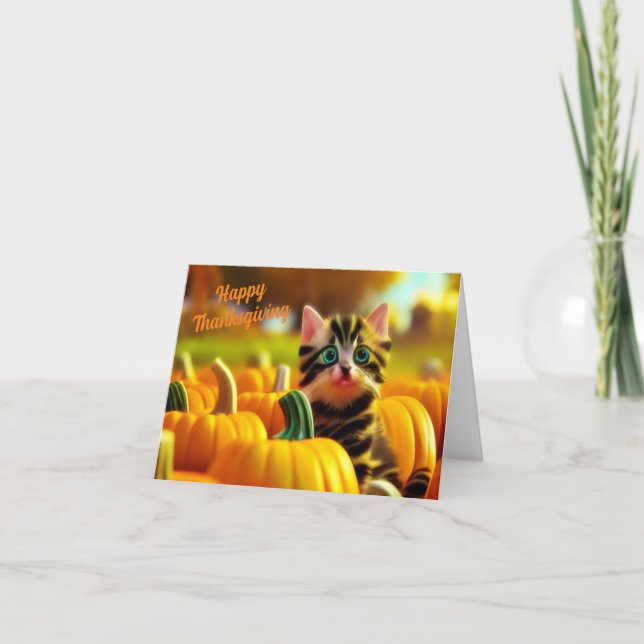 Festividades Cartão de Ação de Graças de Pumpkin Patch Kitten (Frente)