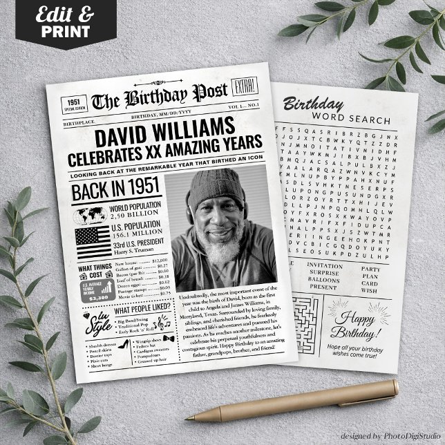 Festividades Cartão de Aniversário de Jornal Personalizado de 1 (Custom Back in 1951 Newspaper Birthday Card, Trend Holiday Card)
