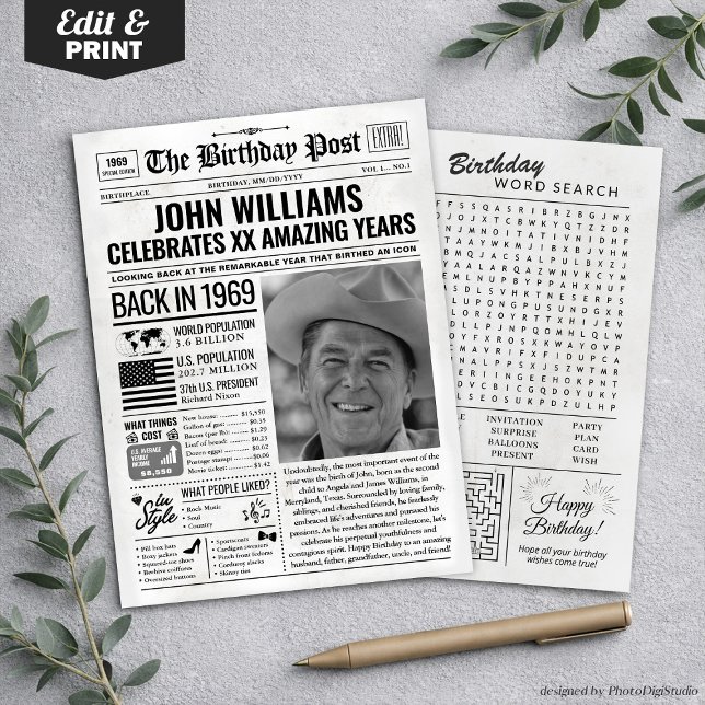Festividades Cartão de Aniversário de Jornal Personalizado de 1 (Custom Back in 1969 Newspaper Birthday Card, Trend Holiday Card)