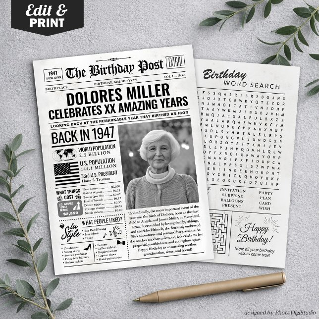 Festividades Cartão de Aniversário de Jornal Personalizado de 1 (Custom Back in 1947 Newspaper Birthday Card, Trend Holiday Card)