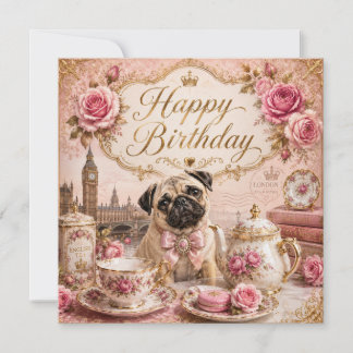 Festividades cartão de aniversário dourado pug inglês vintage