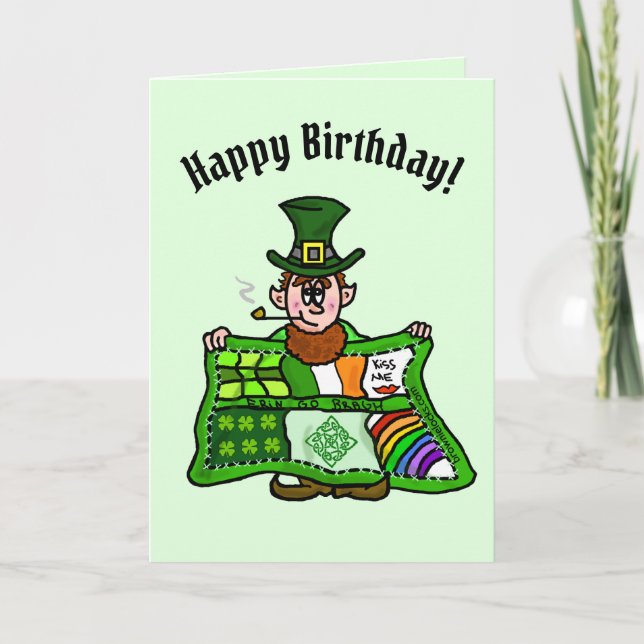 Festividades Cartão de Aniversário Irlandês de Colcha e Leprech (Frente)