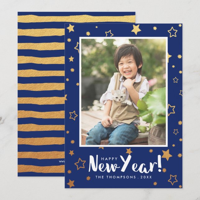 Festividades Cartão de Ano Novo com Foto Brilhante (Frente/Verso)