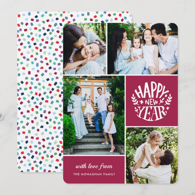 Festividades Cartão de Ano Novo de Foto Collage 4 | Magenta (Frente/Verso)