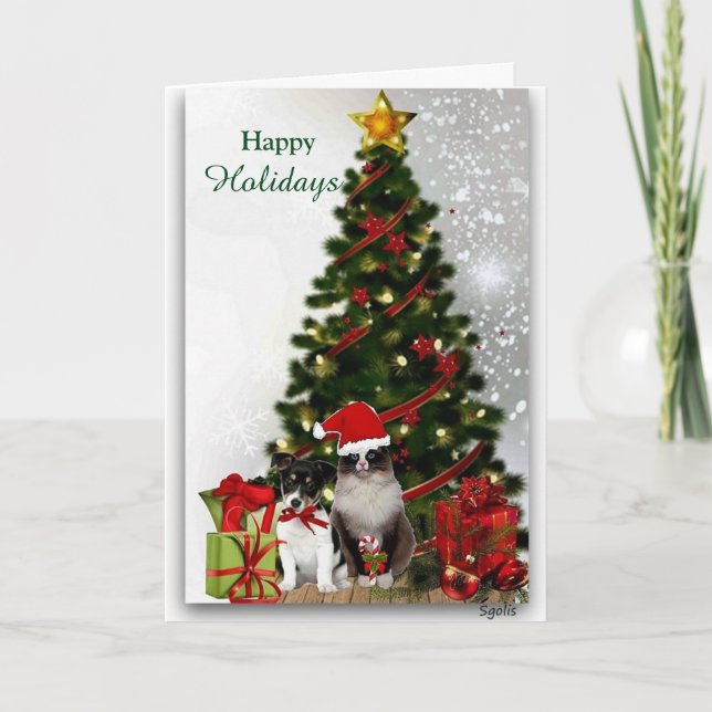 Festividades Cartão de Boas Festas de Cachorro e Gato Fofo com  (Frente)