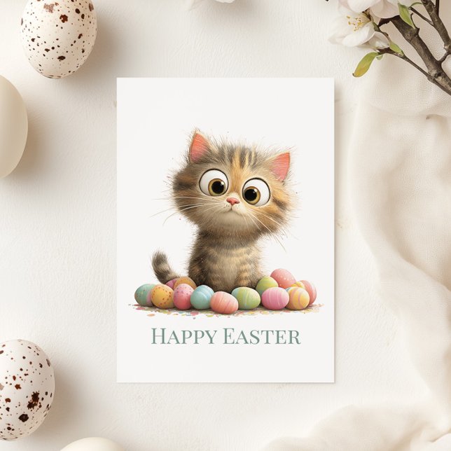 Festividades Cartão de Boas Festas de Páscoa de Gato Engraçado  (Funny Easter Cat Flat Greeting Card on a sunny table with Easter and Spring decor)