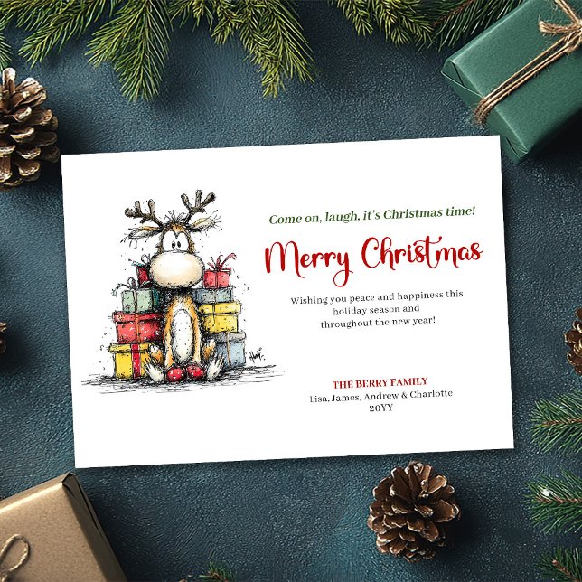Festividades Cartão de Boas Festas de Renas Caprichosas Alegres (Joyful Whimsical Reindeer Holiday Greeting Card)