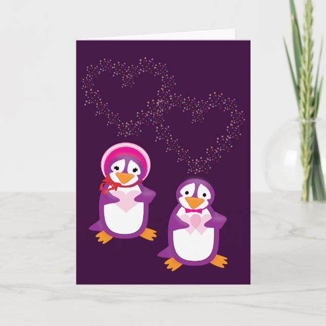 Festividades Cartão de Coração e Pinguins (Frente)