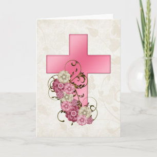Festividades Cartão de Cumprimentos Cristão Cruz Rosa com Flore