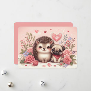 Festividades Cartão de Dia dos Namorados de Ouriço e Pug Adoráv