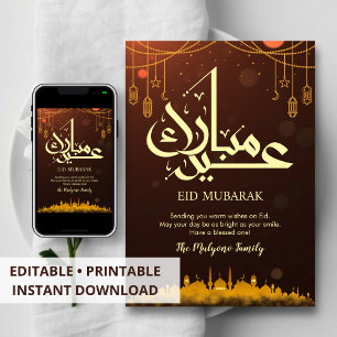 Festividades Cartão de Eid com Silhueta da Mesquita no Pôr do S