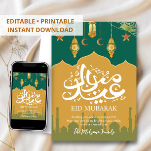 Festividades Cartão de Eid Mubarak com Aquarela Floral Verde Es