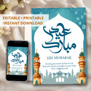 Festividades Cartão de Eid Mubarak com Silhueta da Mesquita em