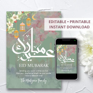 Festividades Cartão de Eid Mubarak Floral em Aquarela Rosa Suav