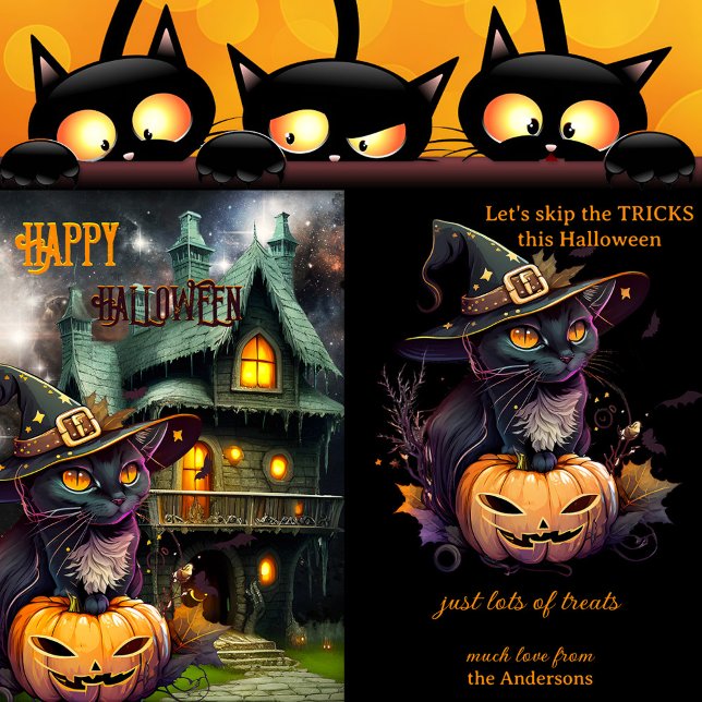 Festividades Cartão de Fantasia de Gato Abóbora para o Hallowee (Halloween card featuring a kitty wearing a witch hat, with a pumpkin and haunted house with bats)