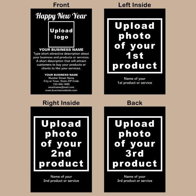 Festividades Cartão de Feriado de Ano Novo em Preto (Black folded holiday card for New Year with your business brand and products or services.)