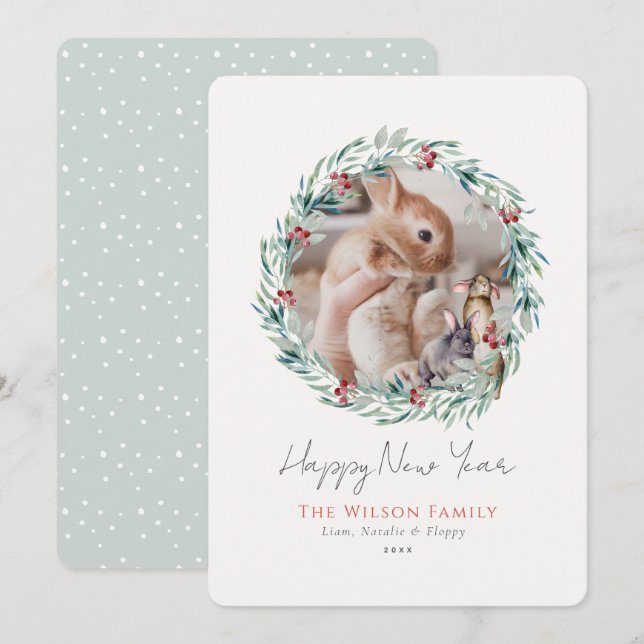 Festividades Cartão de Feriado de Ano Novo Greenery Wreath (Frente/Verso)