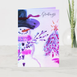 Festividades Cartão de Feriado de Artsy Watercolor Snowman Dobr