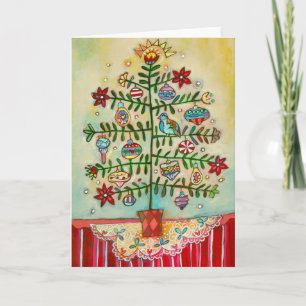 Festividades Cartão de Feriado de Árvore Folk Ilustrado Feliz N
