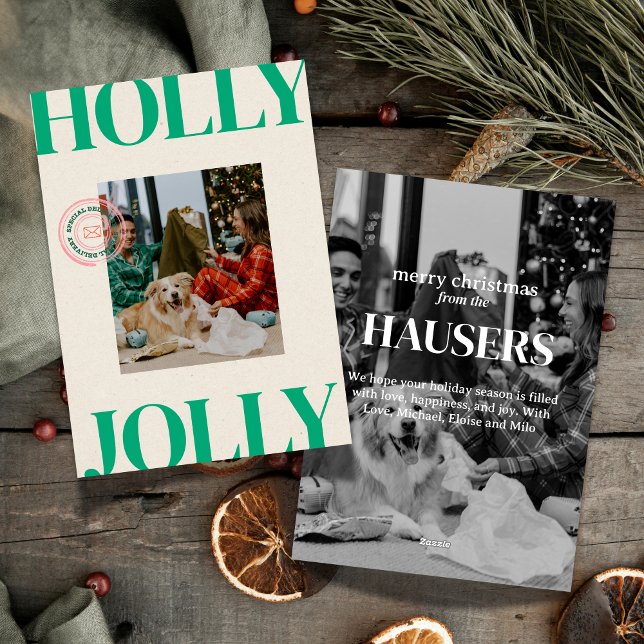 Festividades Cartão de Feriado de Carimbo de Carimbo de Foto da (Celebrate the season in bold style with this playful “Holly Jolly” photo card. )