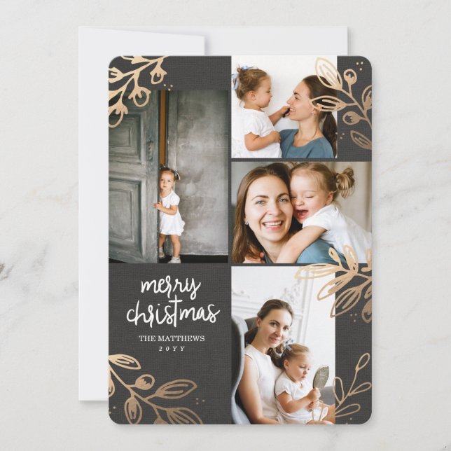 Festividades Cartão de Feriado de Foto Dourado Folha 4 (Frente)