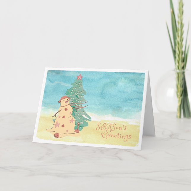 Festividades Cartão de Feriado de Praia de Snowman da temporada (Frente)