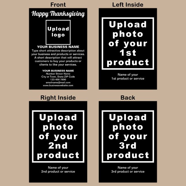 Festividades Cartão de Feriado Preto de Ação de Graças Comercia (Black folded holiday card for Thanksgiving with your business brand and products or services.)