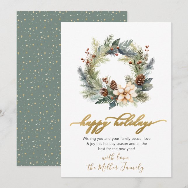 Festividades Cartão de Feriados Felizes Elegante Wreath Greener (Frente/Verso)
