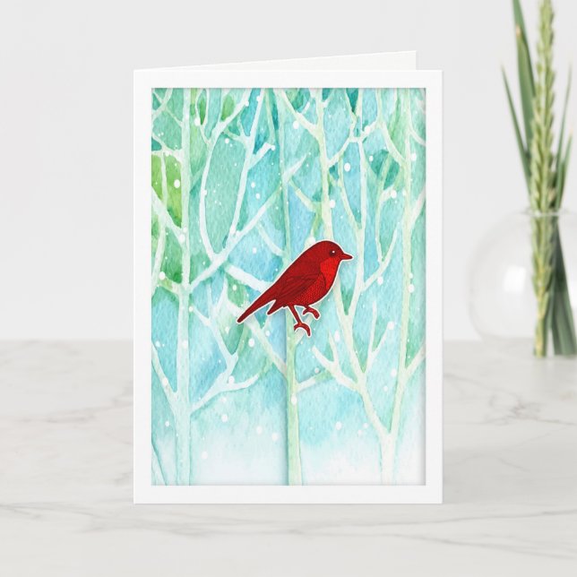 Festividades Cartão de Férias Árvores em Aquarela com Pássaro V (Frente)