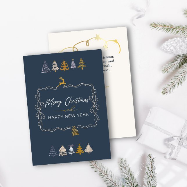 Festividades Cartão de Férias Azul com Laço Elegante e Árvores  (Elegant Bow & Chic Trees Doodle Blue Holiday Card)