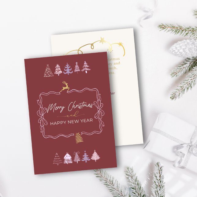 Festividades Cartão de Férias Chic Bow & Trees Doodle Vermelho  (Chic Bow & Tree Doodle Deep Crimson Holiday Card)