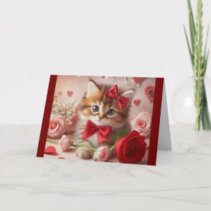 Festividades Cartão de Férias com Gatinho e Rosas e Corações