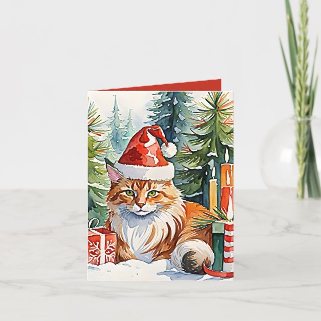 Festividades Cartão de Férias da Cena de Natal Cozy Maine Coon (Frente)