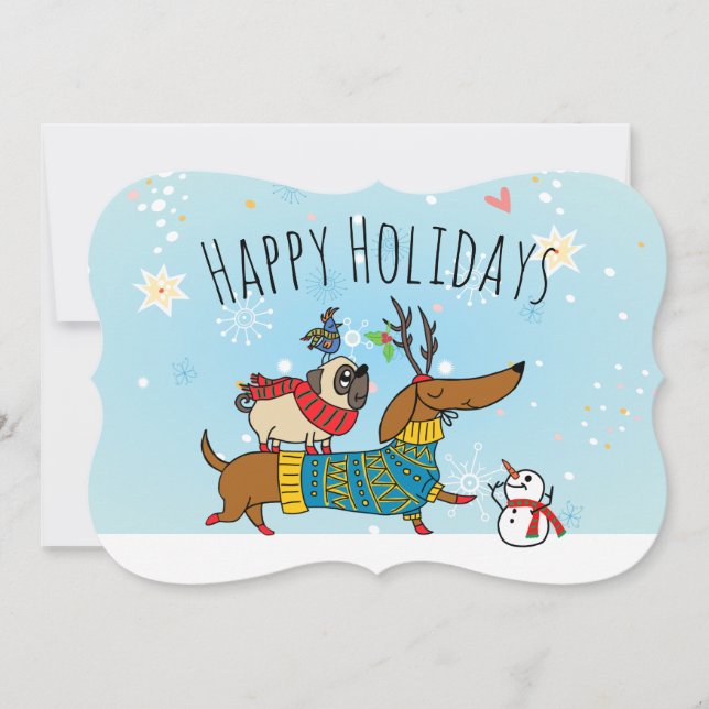 Festividades Cartão de Férias Dachshund, Pug e Passarinho (Frente)