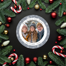 Festividades Cartão de Férias de Cinzas Modernas e Flocos Branc