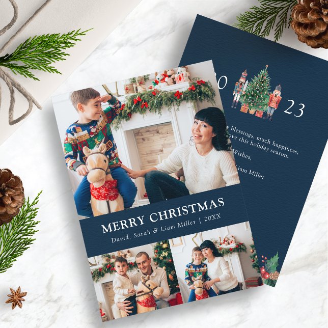 Festividades Cartão de Férias de Colagem de Foto Azul (2023 Nutcracker Navy Blue Photo Collage Holiday Cards)
