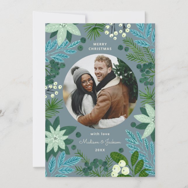 Festividades Cartão de Férias de Natal Azul Floral (Frente)