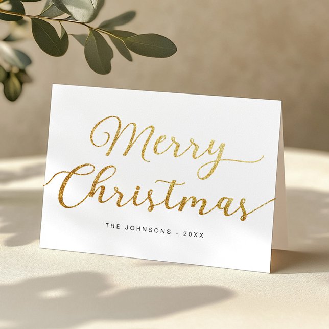 Festividades Cartão de Férias de Natal Merry Dourado Script Gli (Simple Gold Christmas Card)