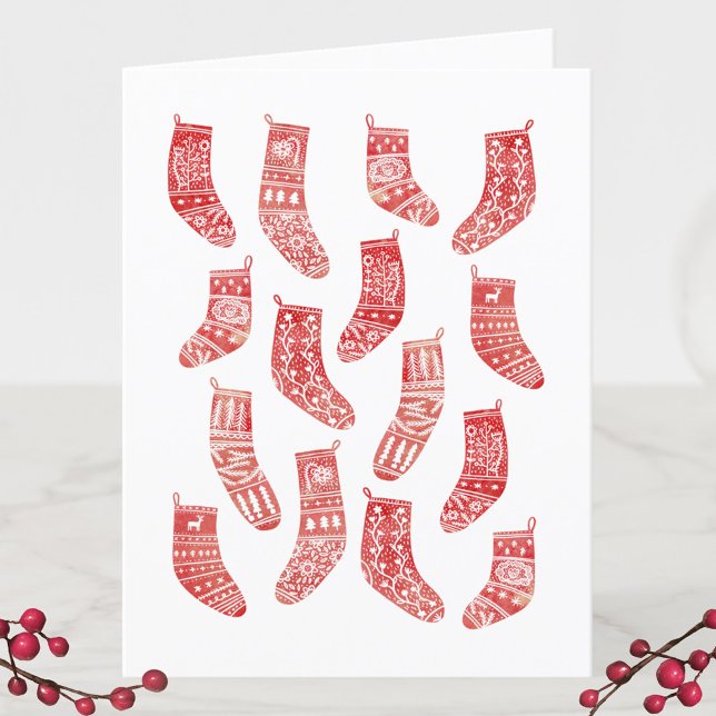 Festividades Cartão de Férias de Natal Nórdico (Nordic Scandinavian red and white Christmas stockings holiday card)